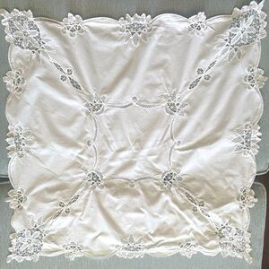 Beautiful Square White Battenberg (Valentina) Lace Trimmed Tablecloth 32” x 32”